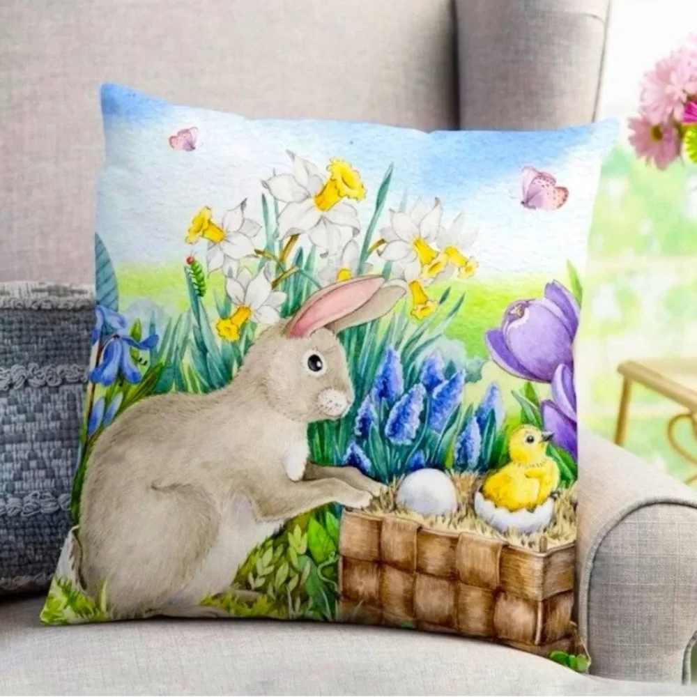 Rustic Farmhouse Bunny & Chicks Pillow Cover 18”x18” Soft Tulip Spring Decor NWT